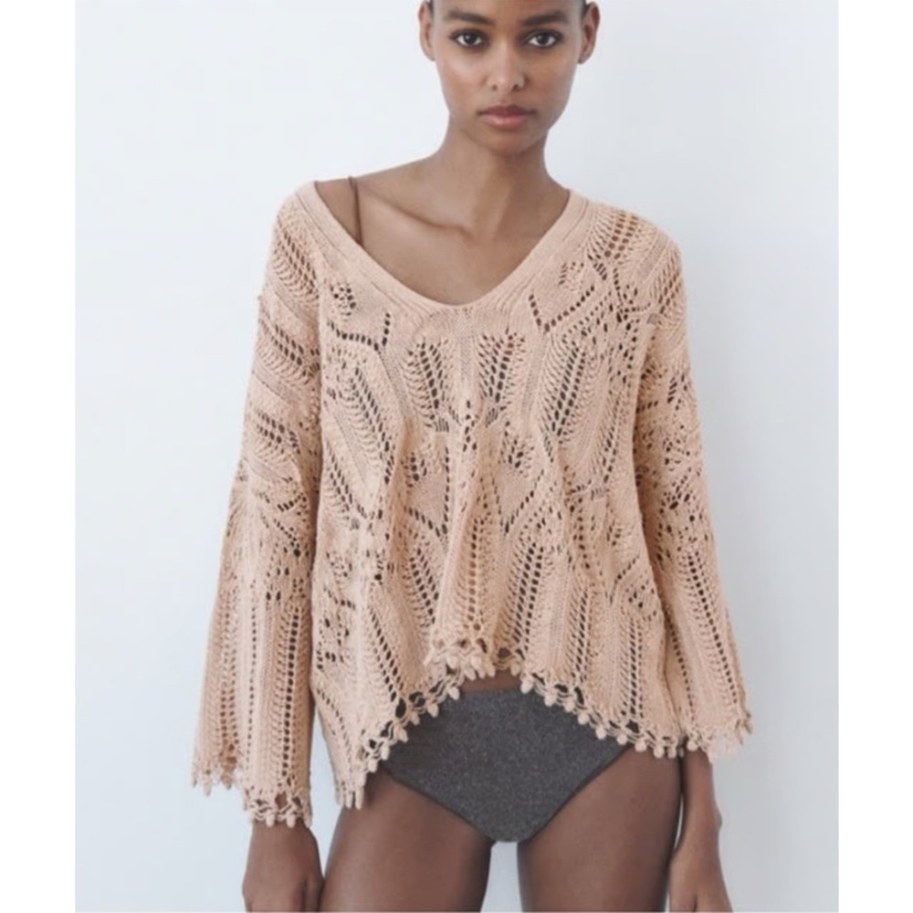 Zara Open Knit Pointelle V-Neck  Crochet Sweater Coastal Boho Pink Women‎ S